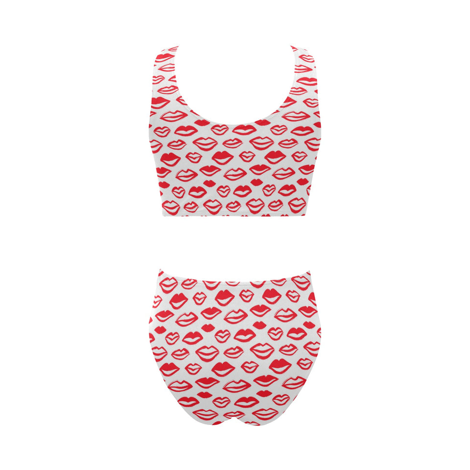 Lips Pattern Print Design 05 Chest Bowknot High Waisted Bikini Swimsuit