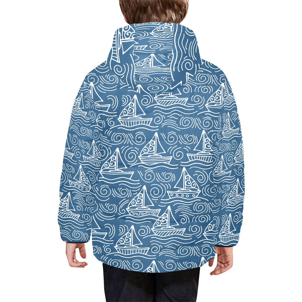 Hand drawn sailboat pattern Kids' Boys' Girls' Padded Hooded Jacket