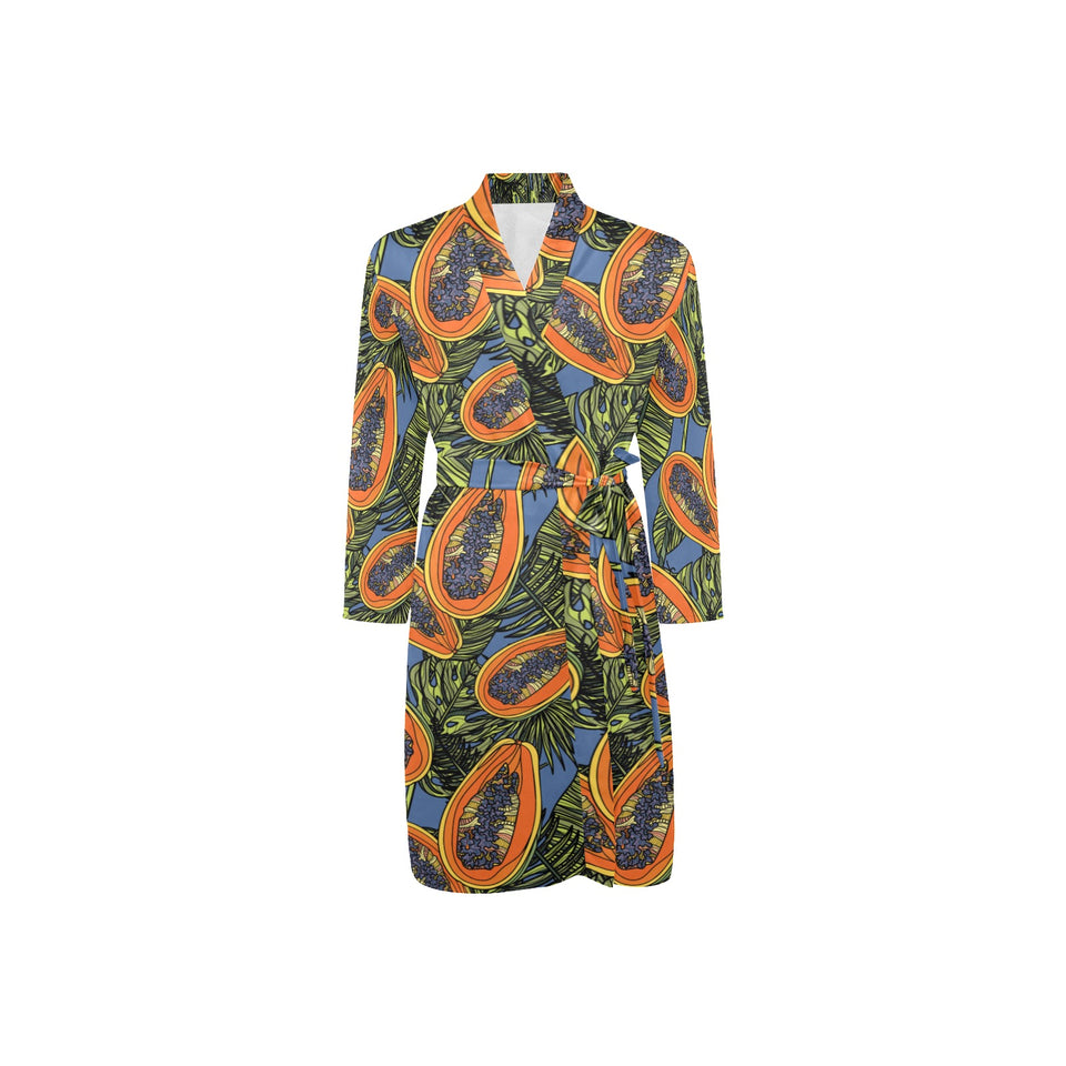 Colorful papaya tropical leaves Men's Long Sleeve Belted Night Robe