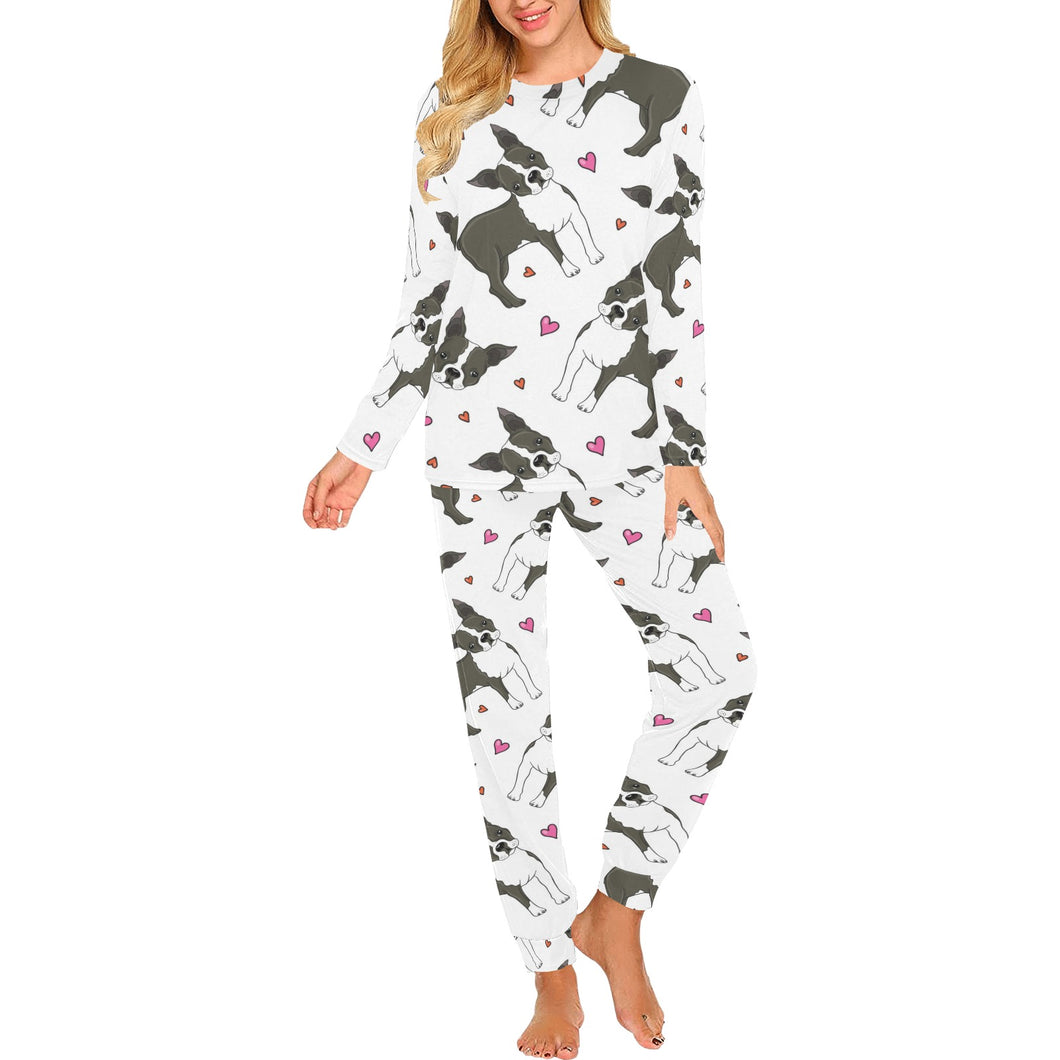 Boston terrier dog hearts vector pattern Women's All Over Print Pajama Set