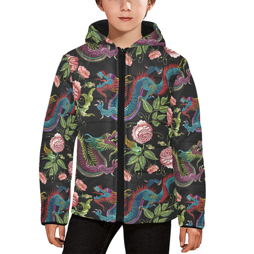 Dragons flower pattern Kids' Boys' Girls' Padded Hooded Jacket