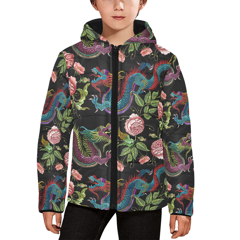 Dragons flower pattern Kids' Boys' Girls' Padded Hooded Jacket