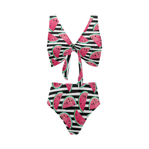 Watercolor paint textured watermelon pieces Chest Bowknot High Waisted Bikini Swimsuit