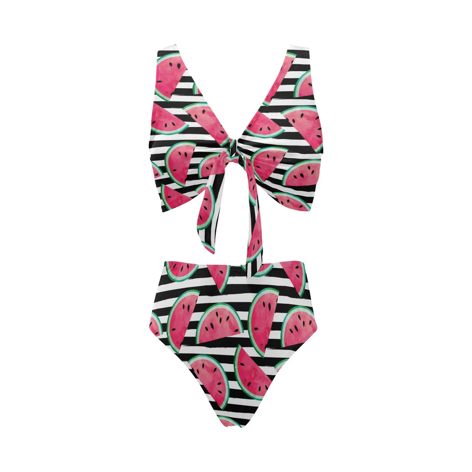 Watercolor paint textured watermelon pieces Chest Bowknot High Waisted Bikini Swimsuit