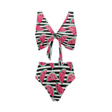 Watercolor paint textured watermelon pieces Chest Bowknot High Waisted Bikini Swimsuit