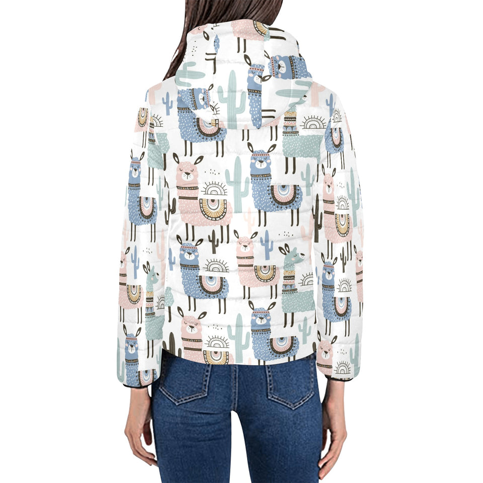 lama Alpaca cactus hand drawn pattern Women's Padded Hooded Jacket