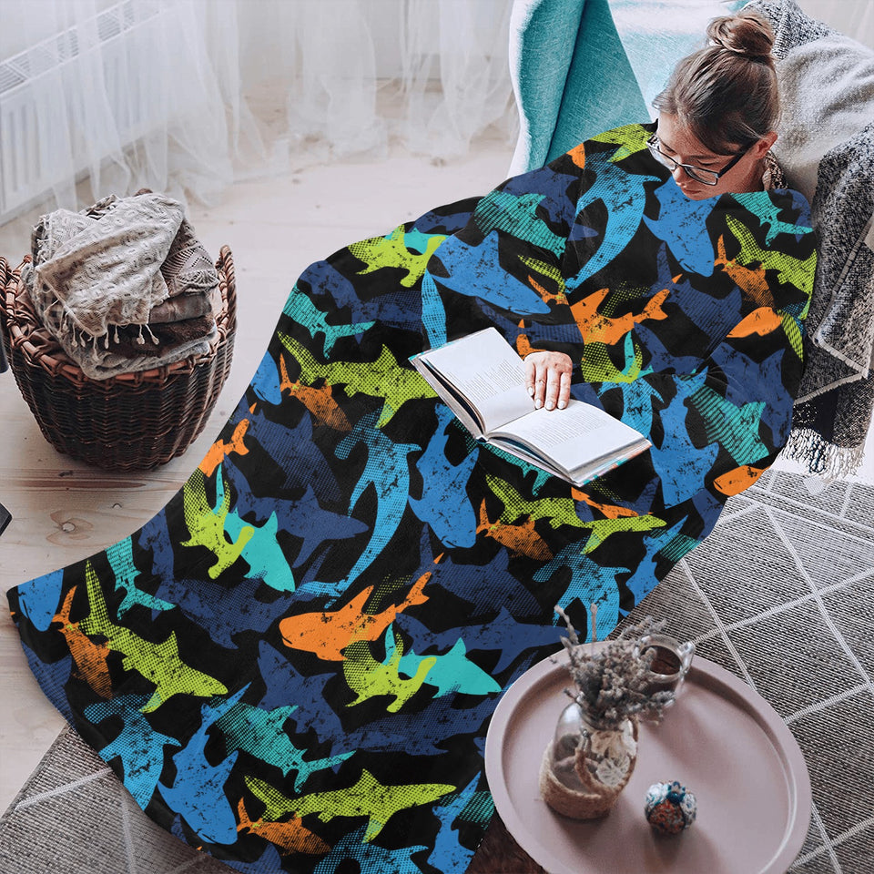 Colorful shark Blanket Robe with Sleeves