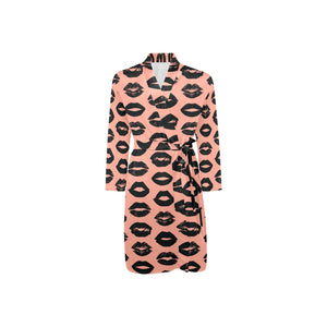 Lips Pattern Print Design 02 Men's Long Sleeve Belted Night Robe
