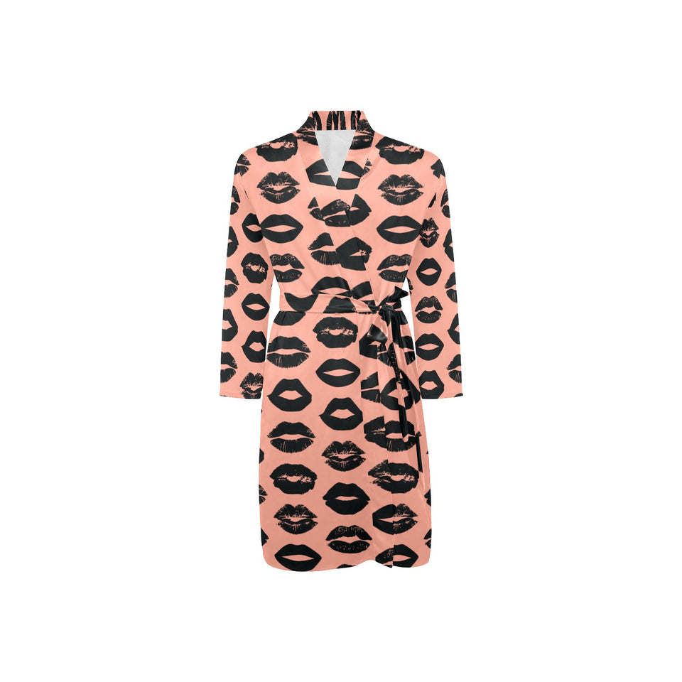 Lips Pattern Print Design 02 Men's Long Sleeve Belted Night Robe