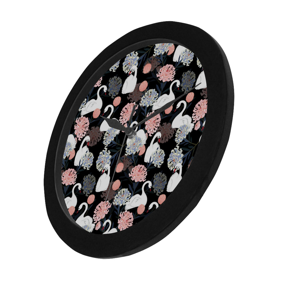 white swan blooming flower pattern Elegant Black Wall Clock