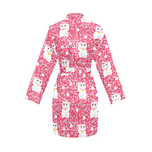 Maneki neko cat sakura pink background Women's Long Sleeve Belted Night Robe