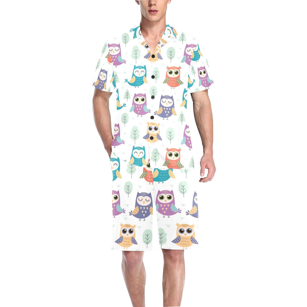 Cute owl pattern Men's V-Neck Short Pajama Set