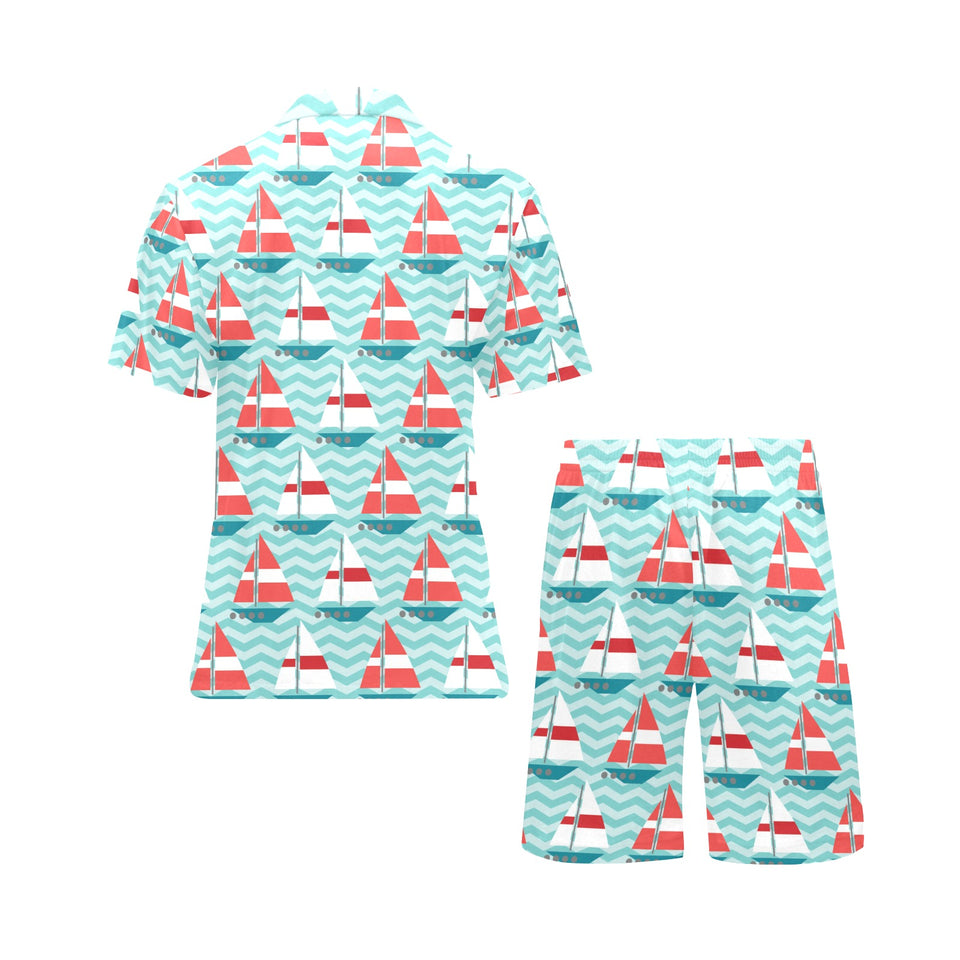 Red White sailboat wave background Men's V-Neck Short Pajama Set