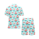 Red White sailboat wave background Men's V-Neck Short Pajama Set