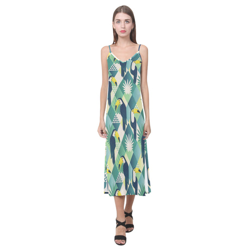 Toucan tropical leaves design pattern V-Neck Open Fork Long Dress