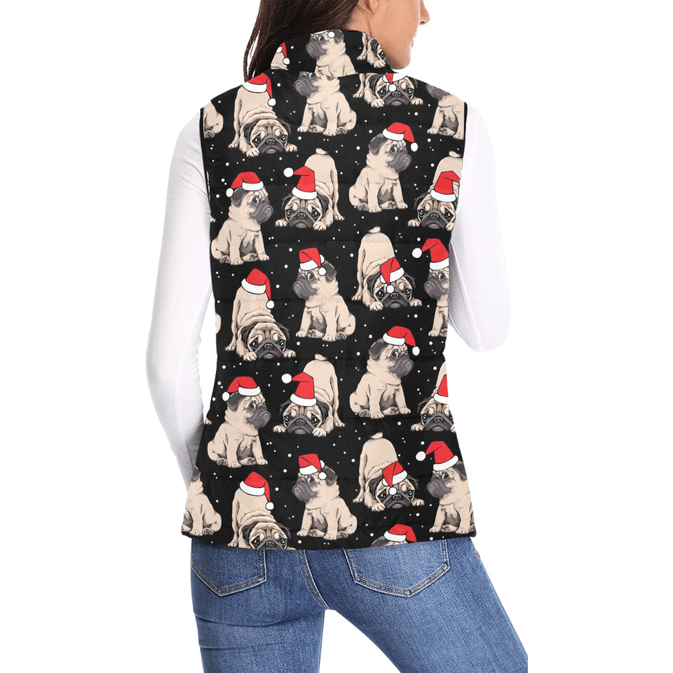 Christmas Pugs Santa_s red cap pattern Women's Padded Vest