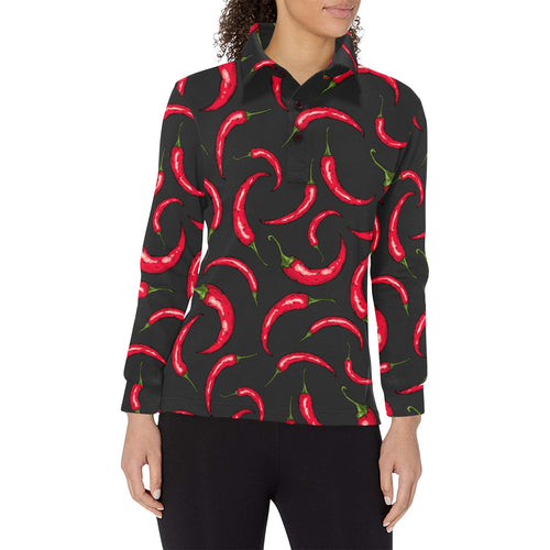 Chili peppers pattern black background Women's Long Sleeve Polo Shirt