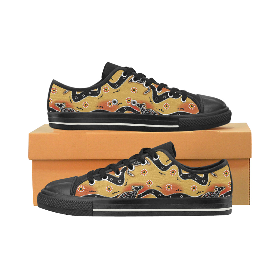 Kangaroo Australian aboriginal art pattern Men's Low Top Canvas Shoes Black