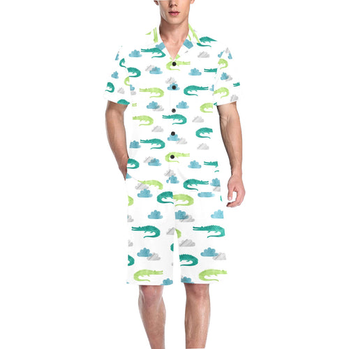 watercolor crocodile pattern Men's V-Neck Short Pajama Set