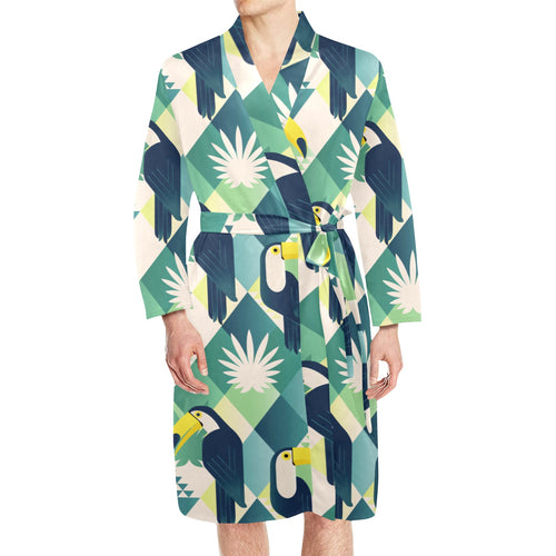 Toucan tropical green jungle palm pattern Men's Long Sleeve Belted Night Robe