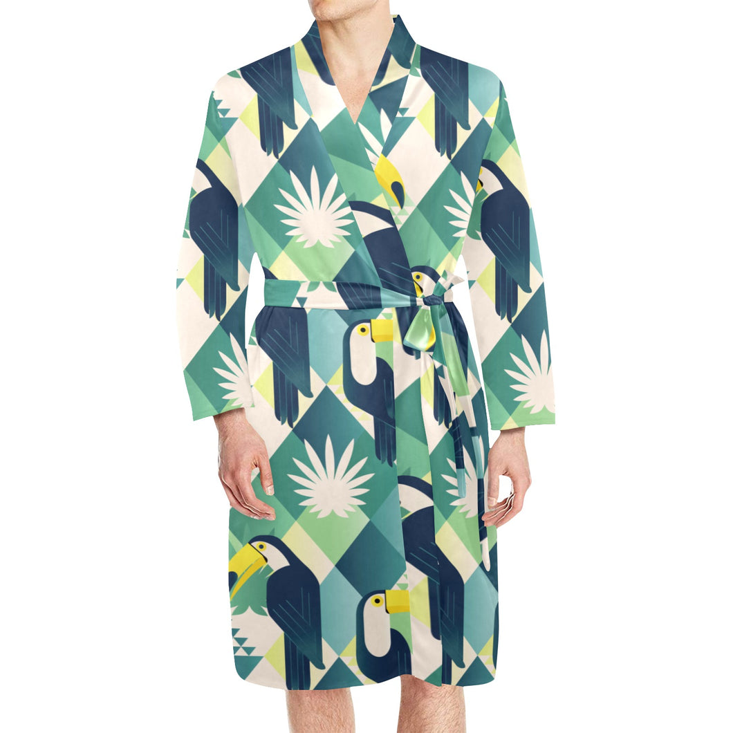 Toucan tropical green jungle palm pattern Men's Long Sleeve Belted Night Robe