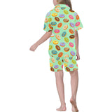 Colorful donut pattern green background Kids' Boys' Girls' V-Neck Short Pajama Set