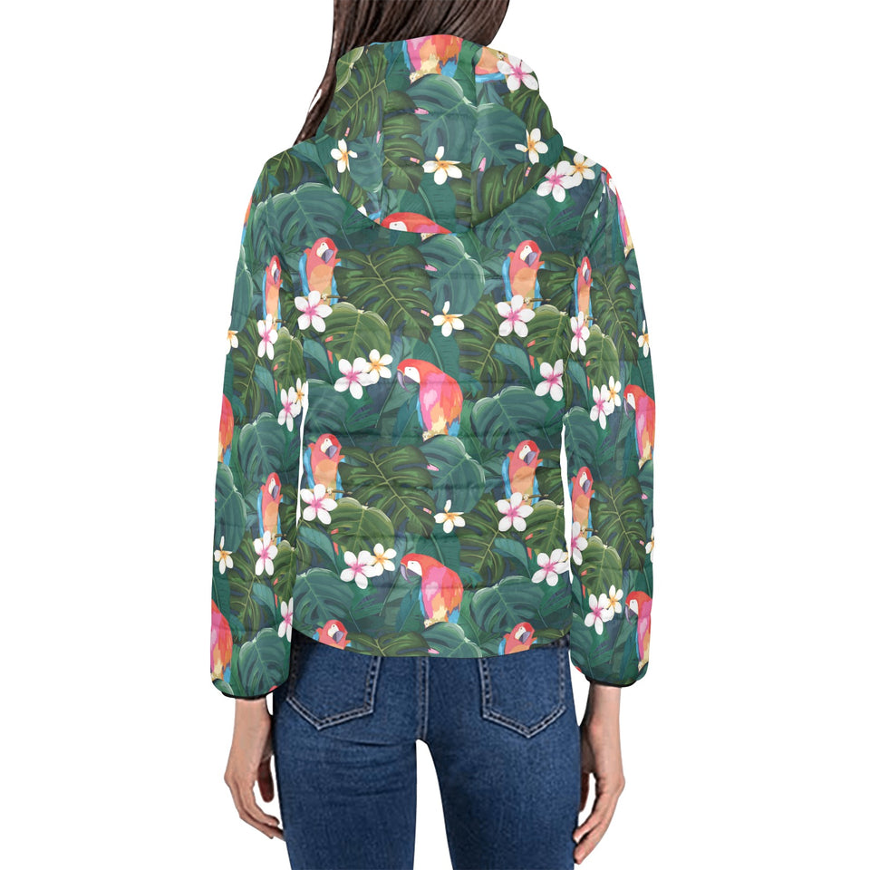 Parrot Palm tree leaves flower hibiscus pattern Women's Padded Hooded Jacket