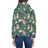Parrot Palm tree leaves flower hibiscus pattern Women's Padded Hooded Jacket