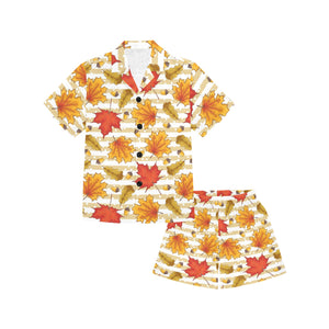 Maple leaf oak leaf acorns beige striped backgroun Kids' Boys' Girls' V-Neck Short Pajama Set