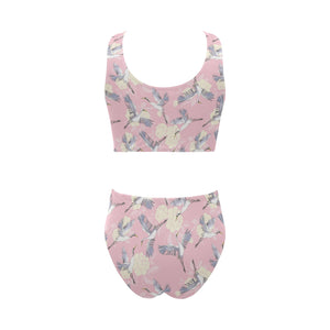 Japanese crane rose pattern Chest Bowknot High Waisted Bikini Swimsuit