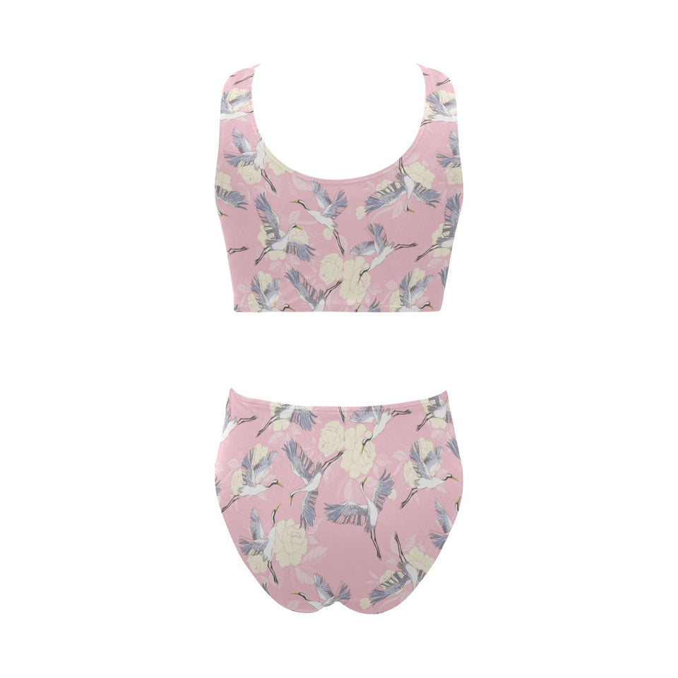 Japanese crane rose pattern Chest Bowknot High Waisted Bikini Swimsuit