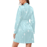 Snowflake pattern blue stripe background Women's Long Sleeve Belted Night Robe