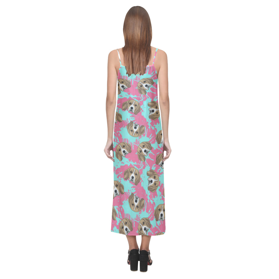 Beagle muzzles turquoise paint splashes pink patte V-Neck Open Fork Long Dress
