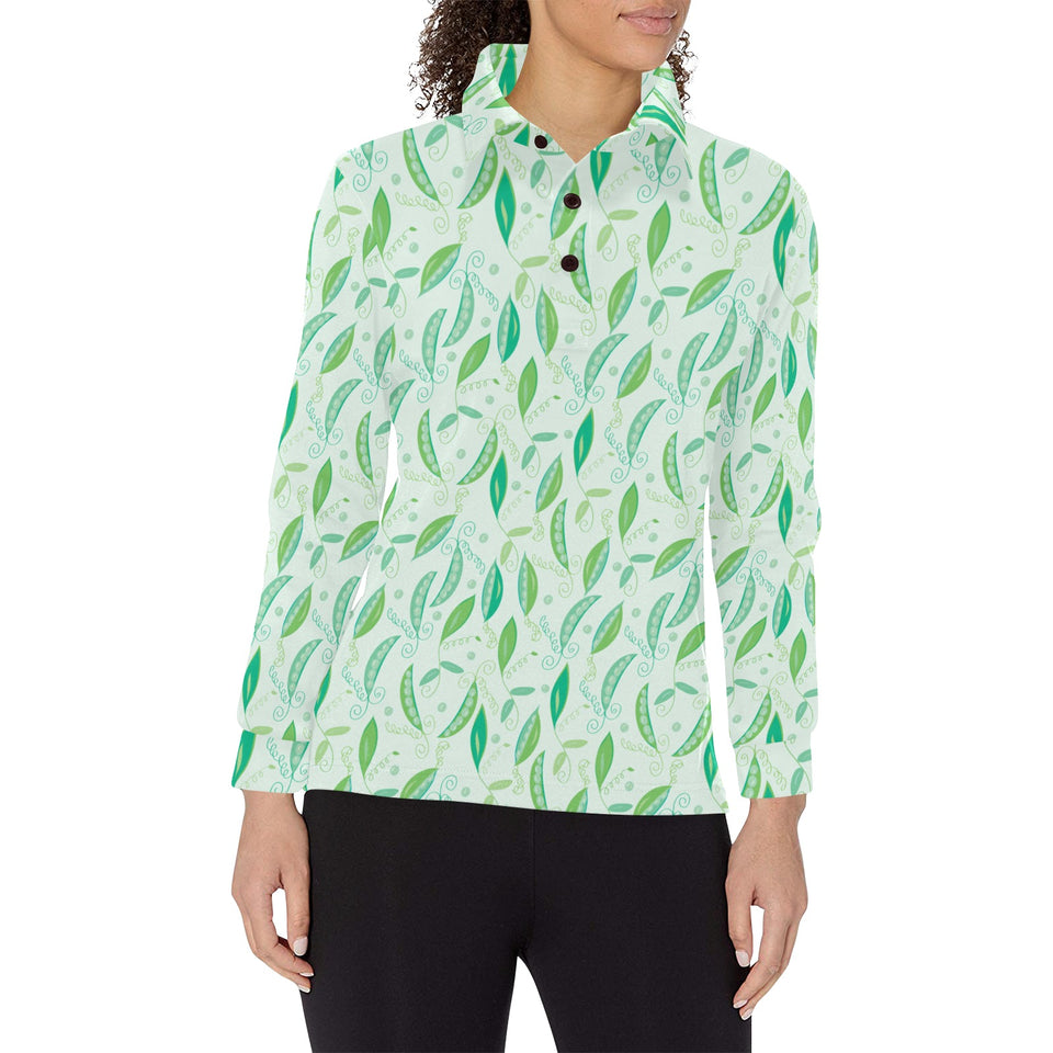 Green Peas Pattern Print Design 01 Women's Long Sleeve Polo Shirt
