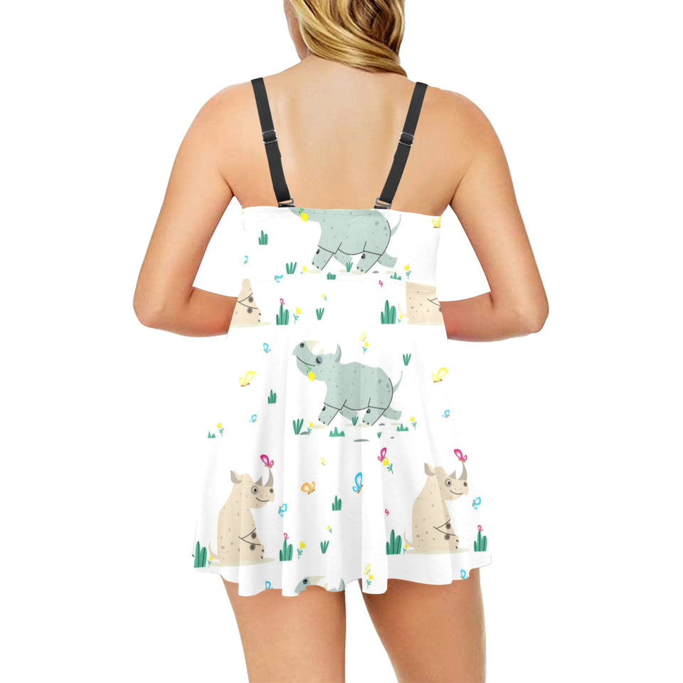 Cute Rhino pattern Chest Sexy Pleated Two Piece Swim Dress