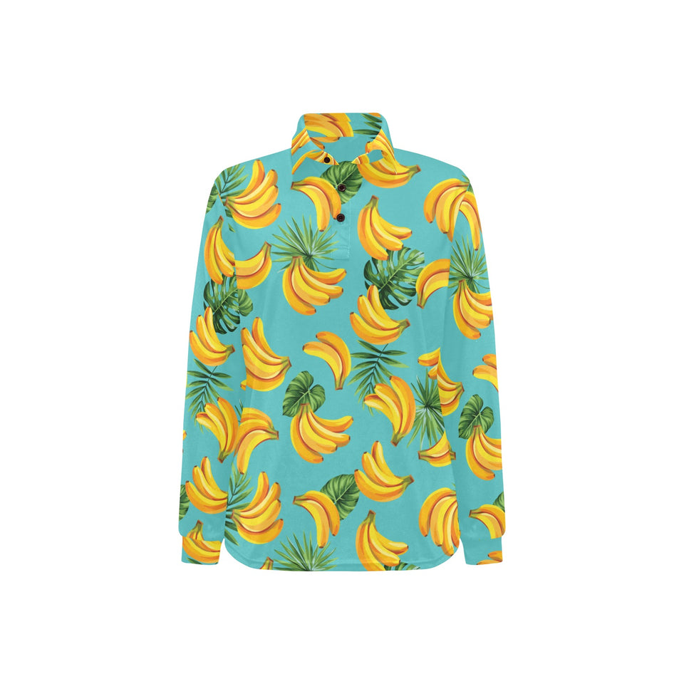 Banana Palm Leaves pattern background Women's Long Sleeve Polo Shirt