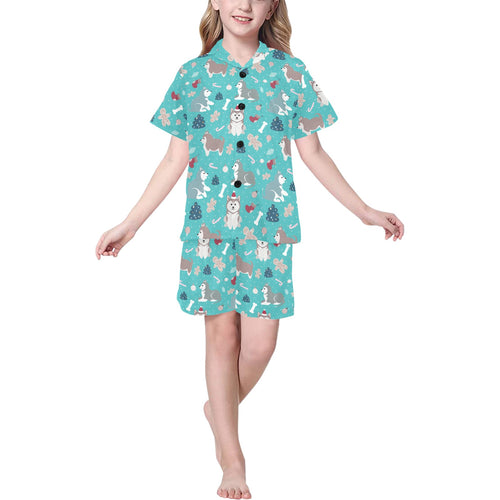 Christmas cute siberian husky puppie pattern Kids' Boys' Girls' V-Neck Short Pajama Set