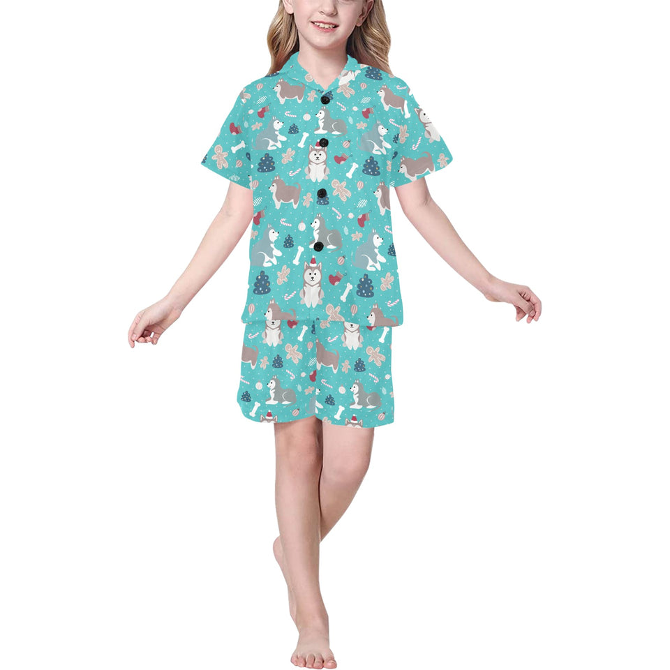 Christmas cute siberian husky puppie pattern Kids' Boys' Girls' V-Neck Short Pajama Set
