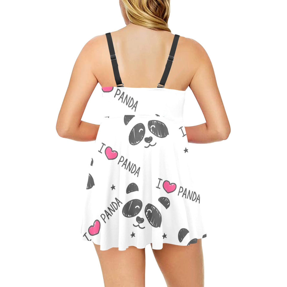 Hand Drawn faces of pandas pattern Chest Sexy Pleated Two Piece Swim Dress