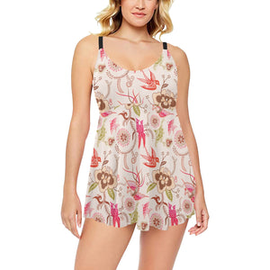 Swallow Pattern Print Design 01 Chest Sexy Pleated Two Piece Swim Dress