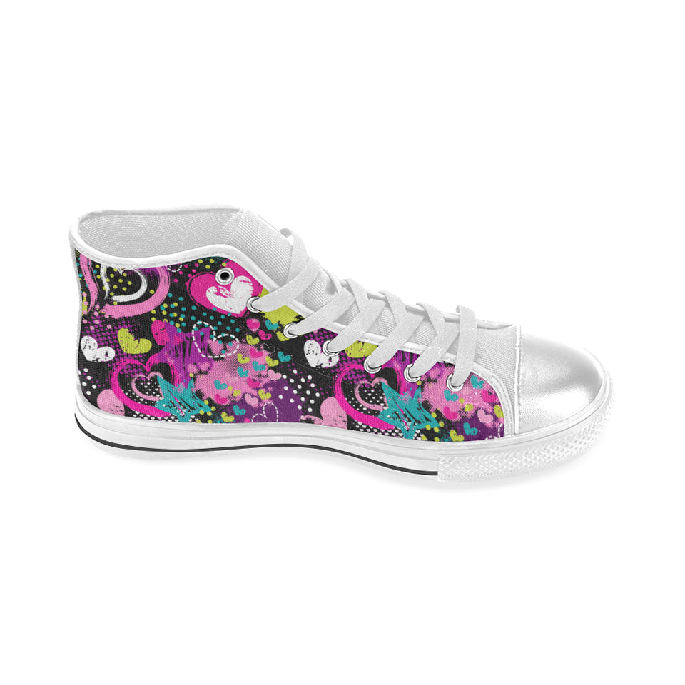 heart dot wave star creative design pattern Women's High Top Canvas Shoes White