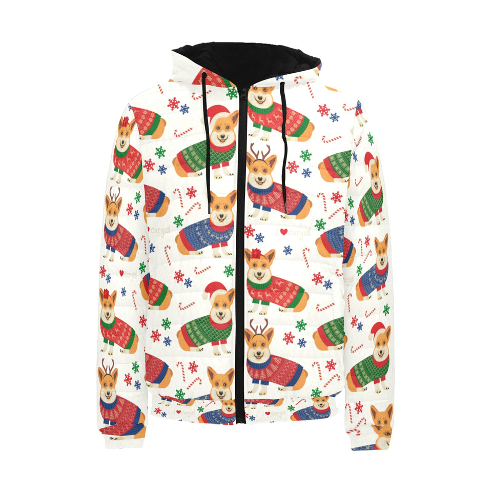 Corgi Christmas Pattern Men's Padded Hooded Jacket