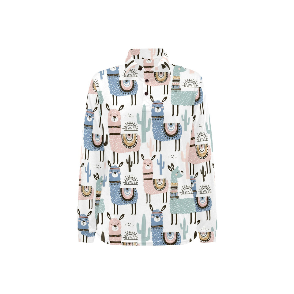 lama Alpaca cactus hand drawn pattern Women's Long Sleeve Polo Shirt