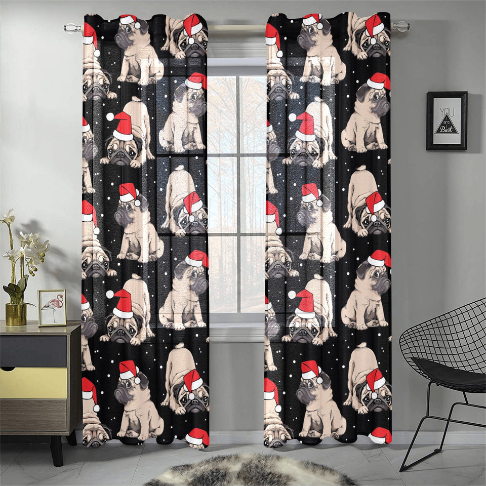 Christmas Pugs Santa_s red cap pattern Gauze Curtain