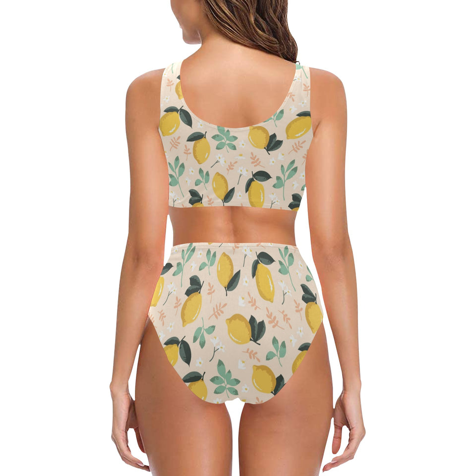 lemon flower leave pattern Chest Bowknot High Waisted Bikini Swimsuit