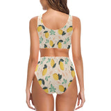 lemon flower leave pattern Chest Bowknot High Waisted Bikini Swimsuit