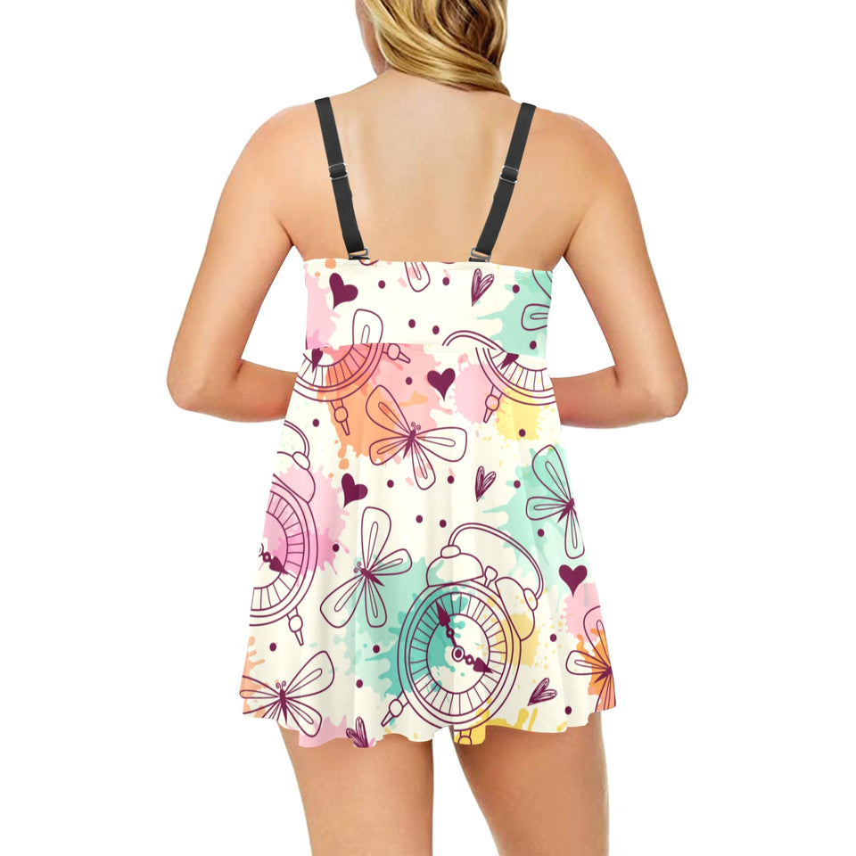 Clock butterfly pattern Chest Sexy Pleated Two Piece Swim Dress