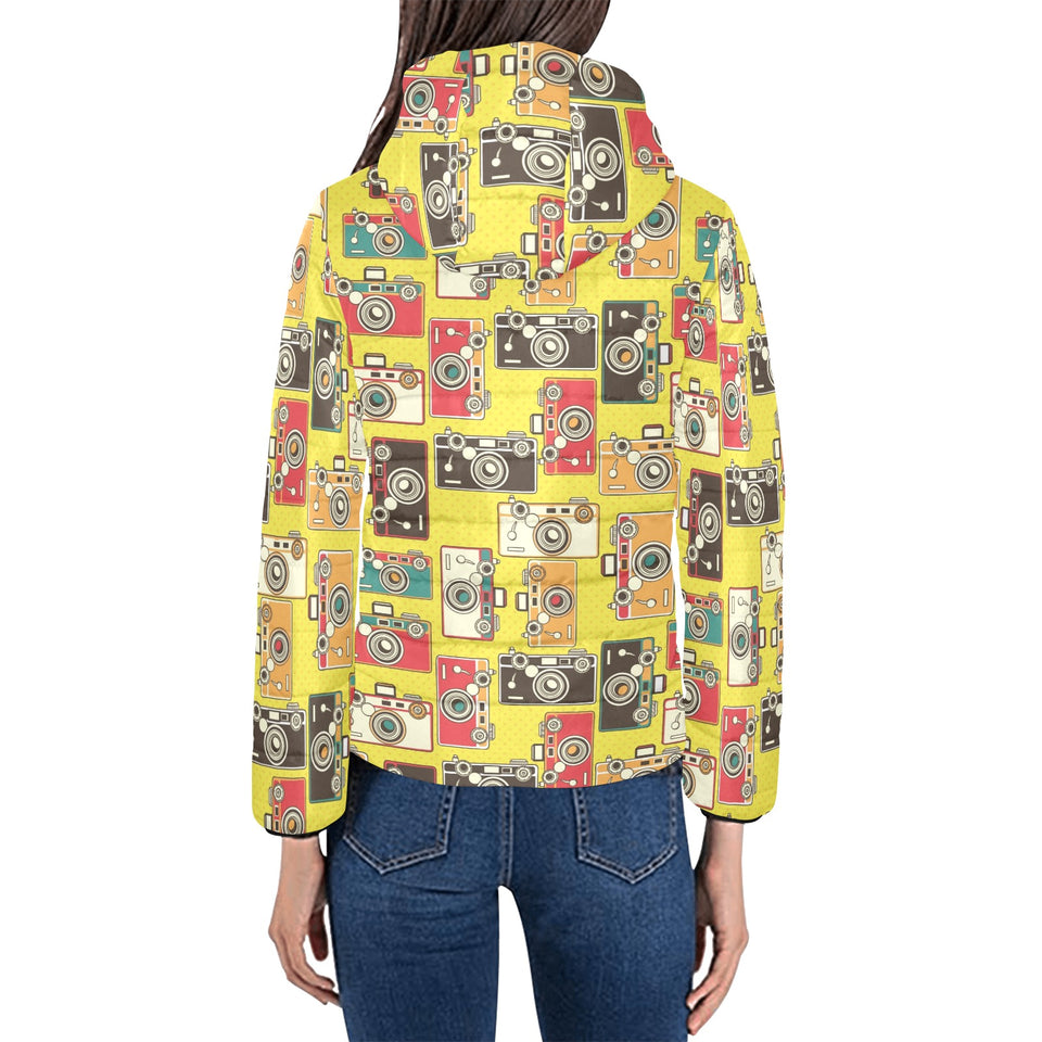 Camera Pattern Print Design 02 Women's Padded Hooded Jacket