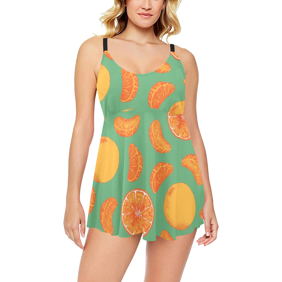 orange fruit pattern green background Chest Sexy Pleated Two Piece Swim Dress