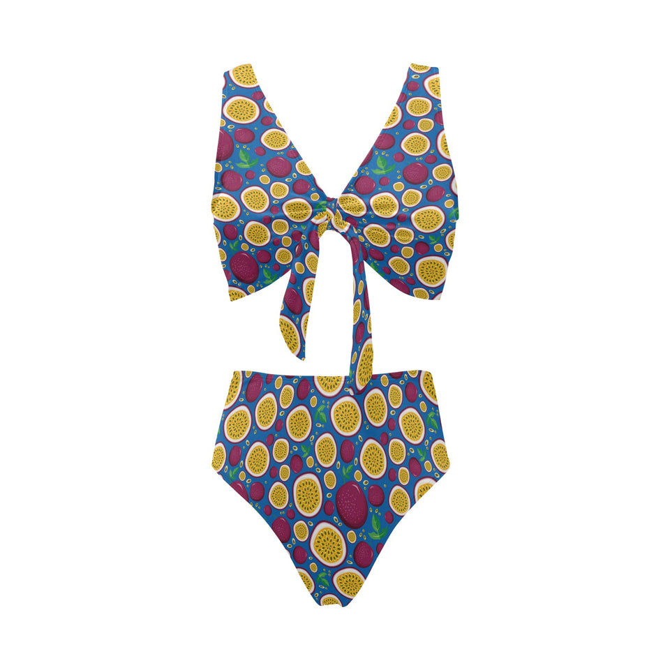 Passion fruit blue background Chest Bowknot High Waisted Bikini Swimsuit